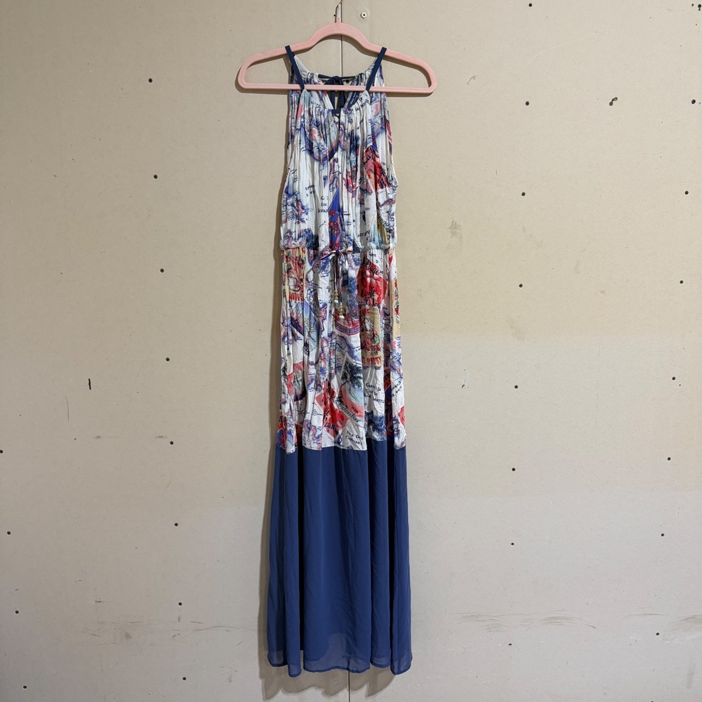 Peter Som for DesigNation Women Blue Travel Print Halter Maxi Dress Large L